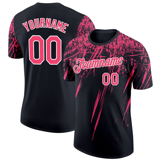 Custom Black Neon Pink-White Distressed Scratch Brush Stroke Performance T-Shirt - Main View