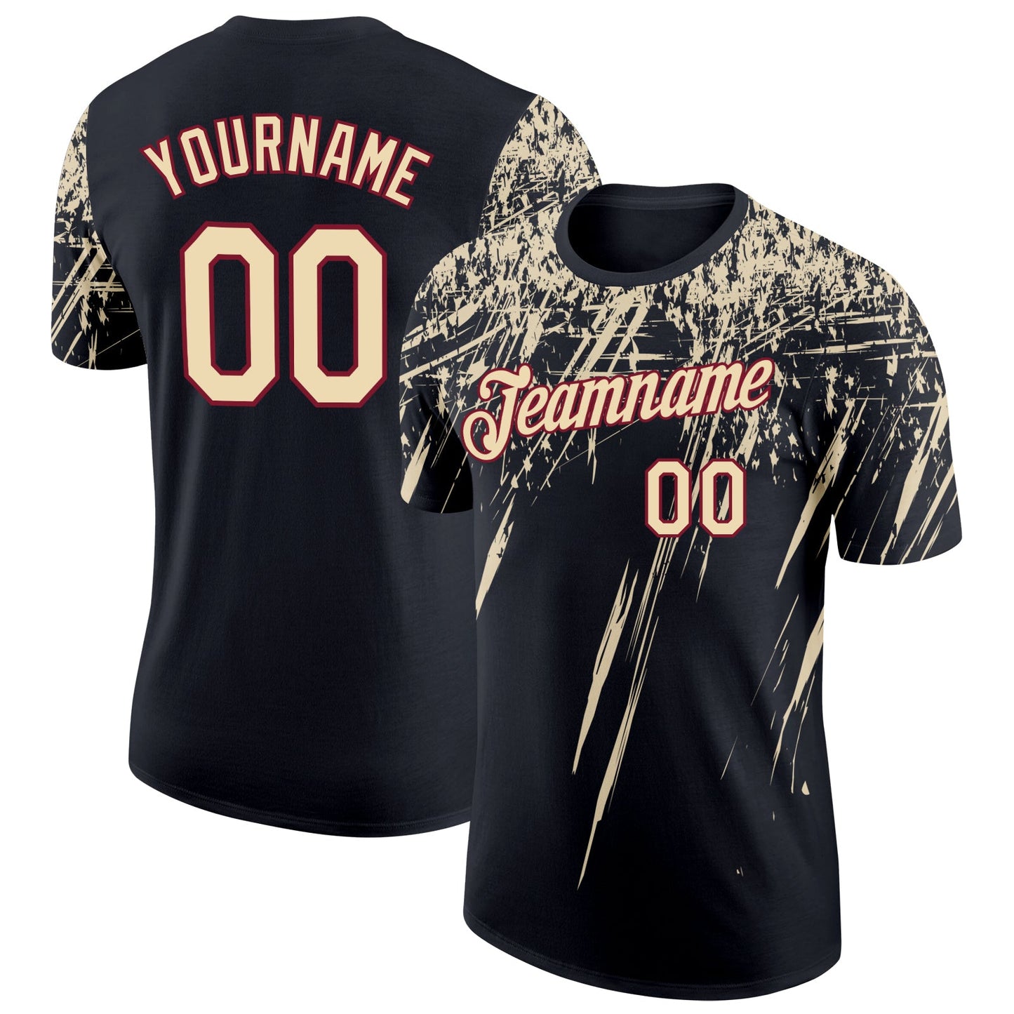 Custom Black Cream-Crimson Distressed Scratch Brush Stroke Performance T-Shirt - Main View