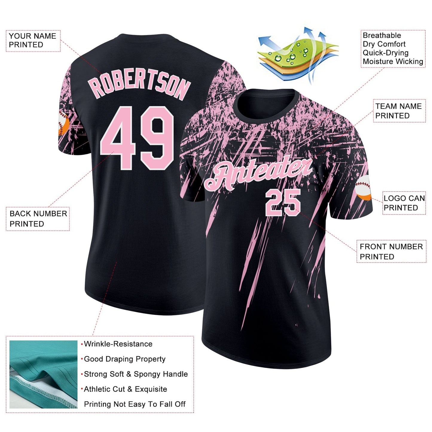 Custom Black Light Pink-White Distressed Scratch Brush Stroke Performance T-Shirt view 2