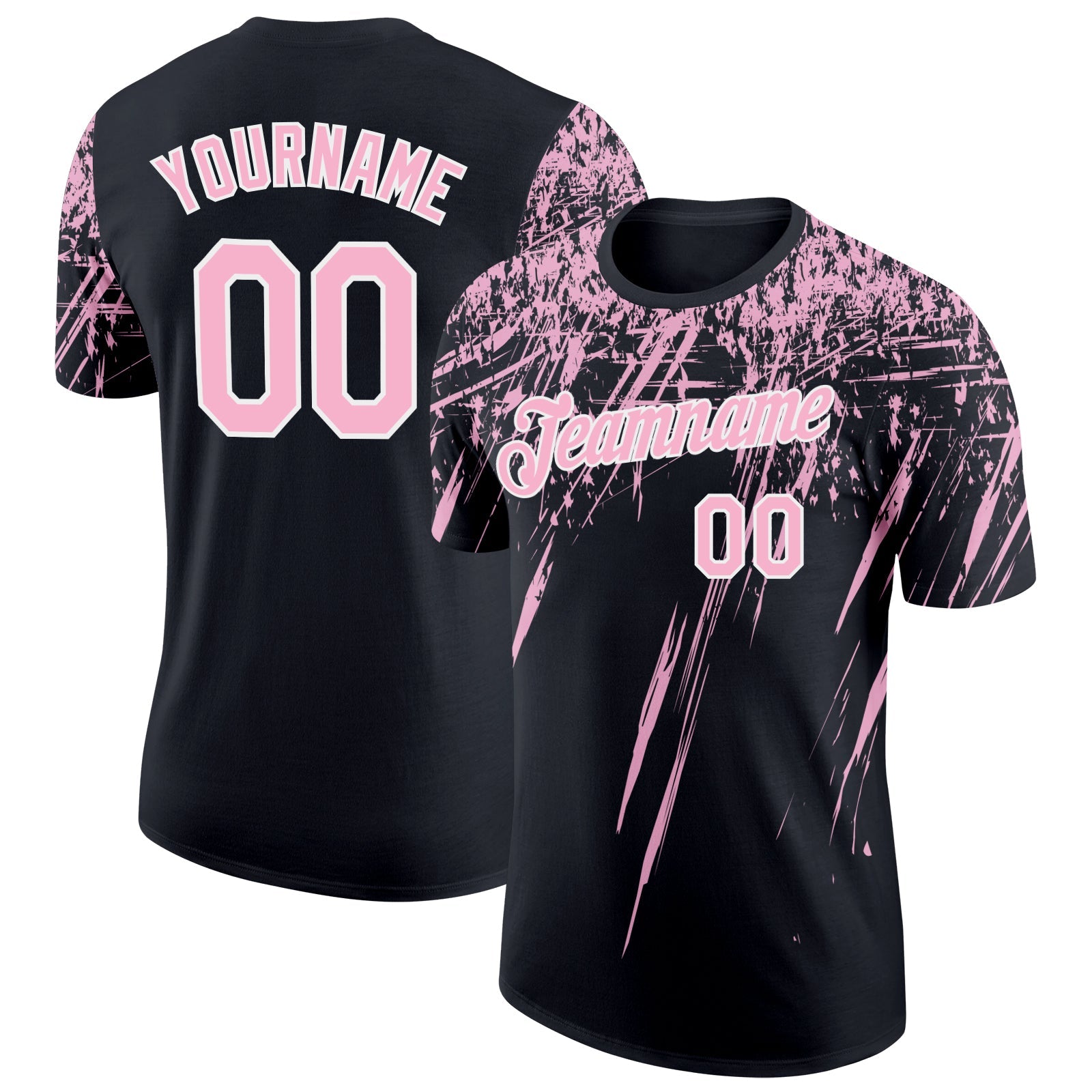 Custom Black Light Pink-White Distressed Scratch Brush Stroke Performance T-Shirt - Main View