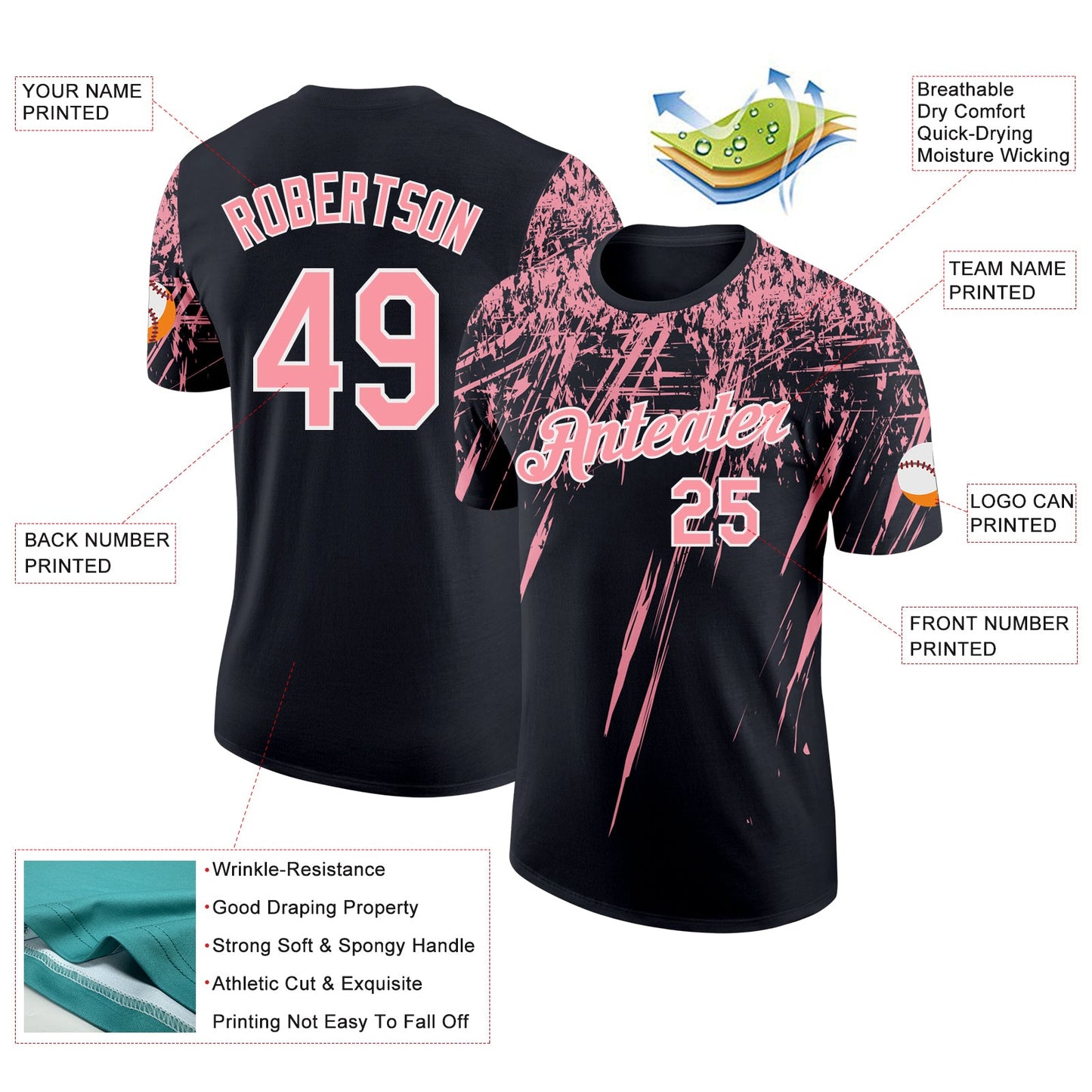 Custom Black Medium Pink-White Distressed Scratch Brush Stroke Performance T-Shirt view 2