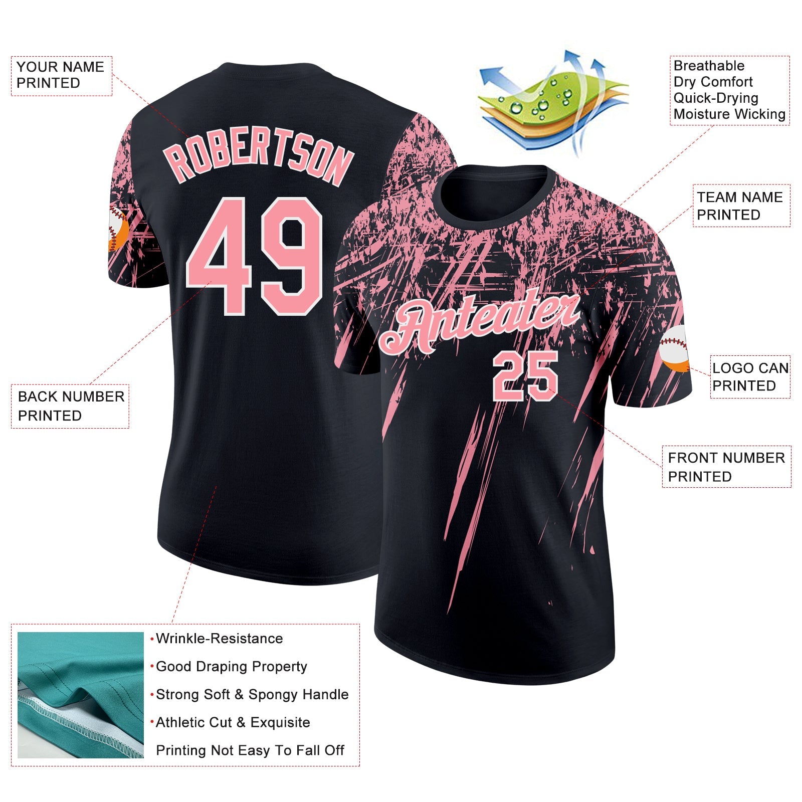 Custom Black Medium Pink-White Distressed Scratch Brush Stroke Performance T-Shirt view 2