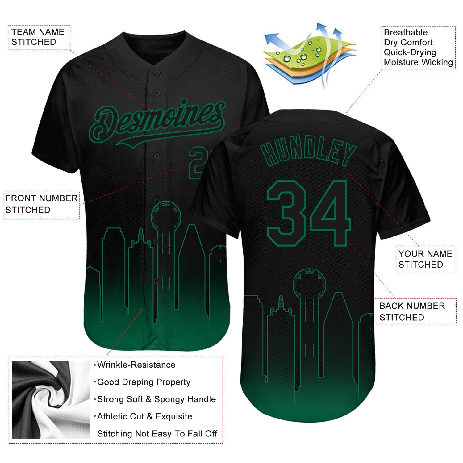 Custom Black Kelly Green 3D Dallas City Edition Fade Fashion Authentic Baseball Jersey view 3