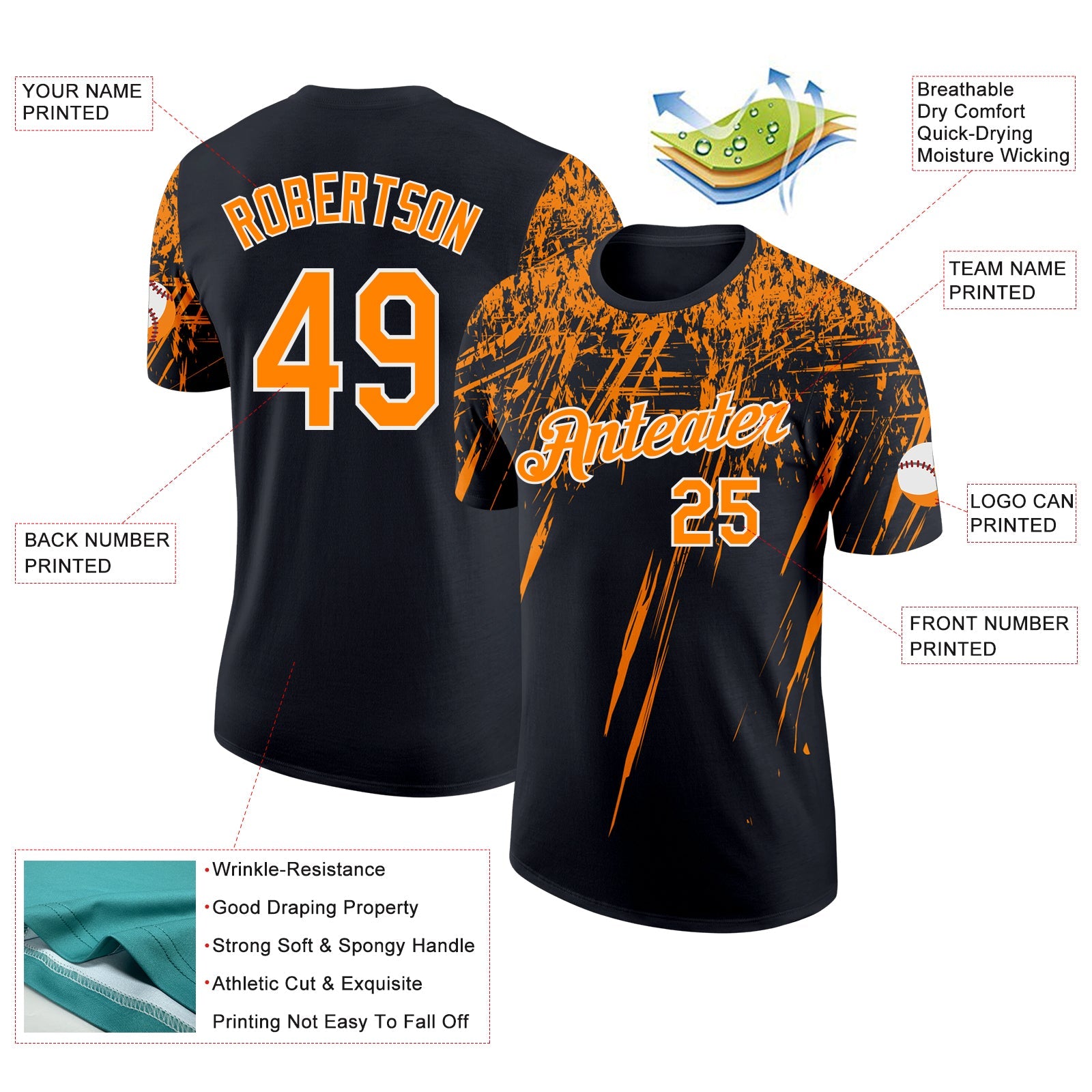Custom Black Bay Orange-White Distressed Scratch Brush Stroke Performance T-Shirt view 2