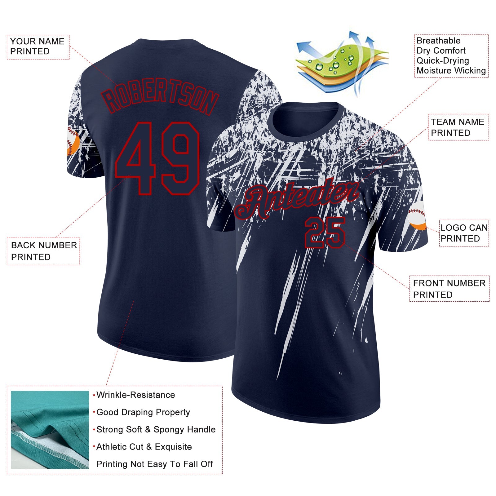 Custom Navy White-Red Distressed Scratch Brush Stroke Performance T-Shirt view 2