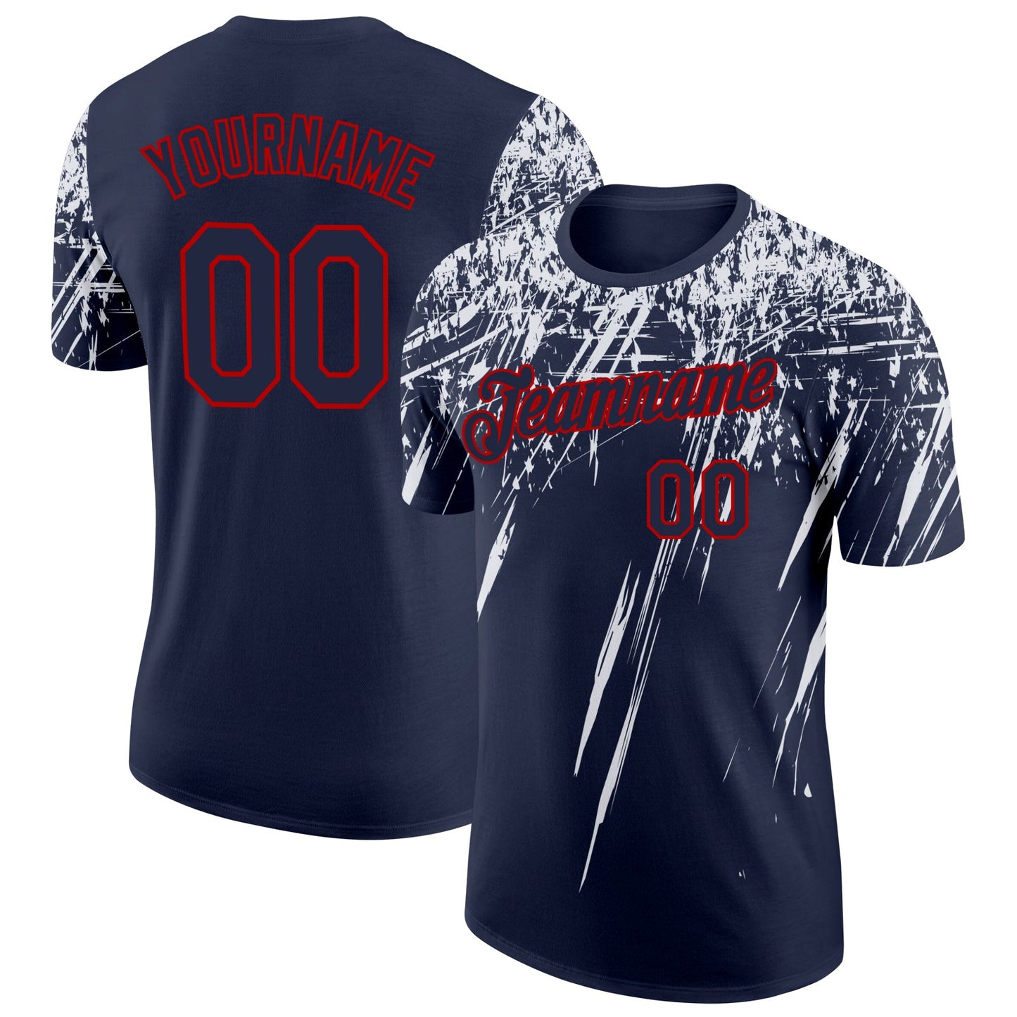 Custom Navy White-Red Distressed Scratch Brush Stroke Performance T-Shirt - Main View