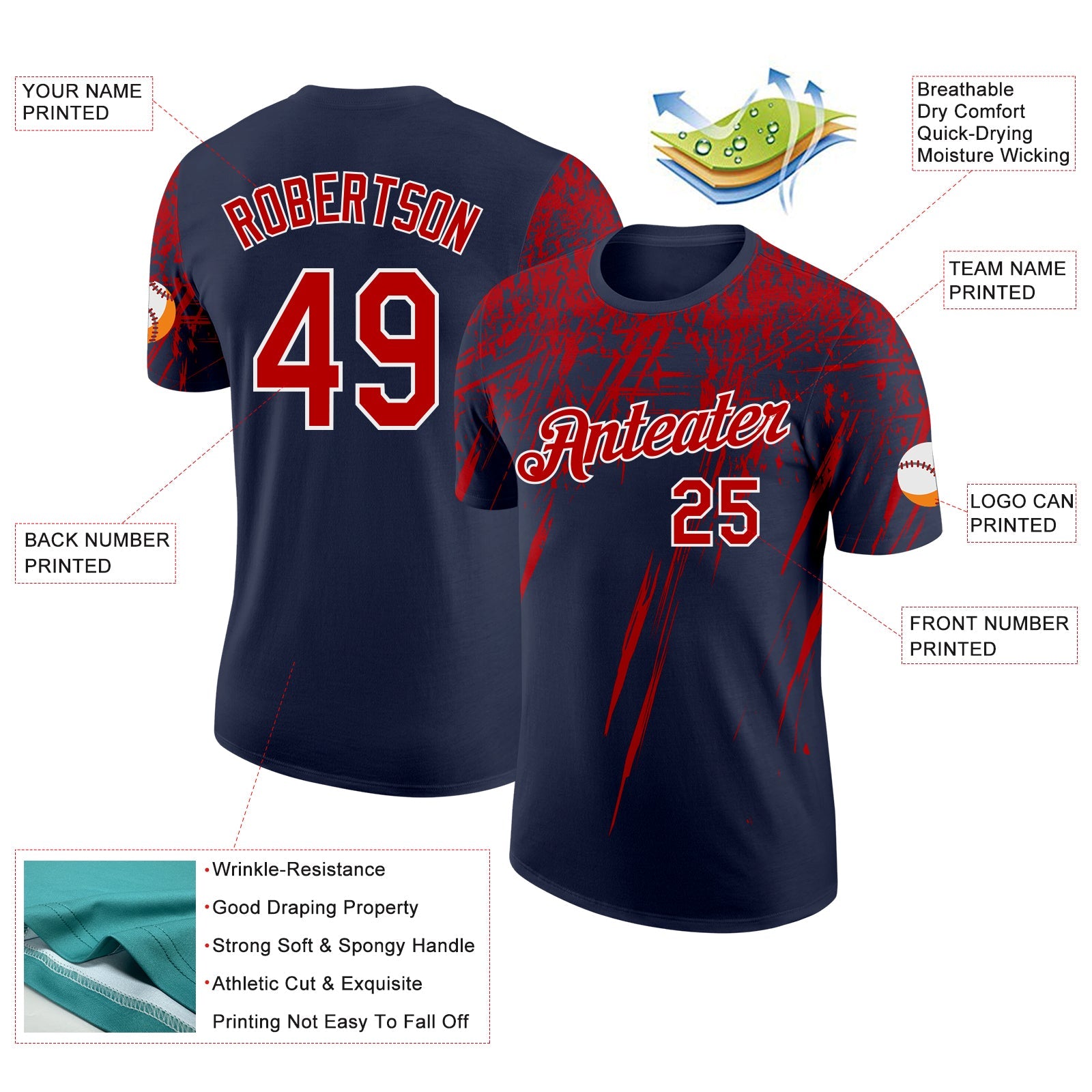 Custom Navy Red-White Distressed Scratch Brush Stroke Performance T-Shirt view 2