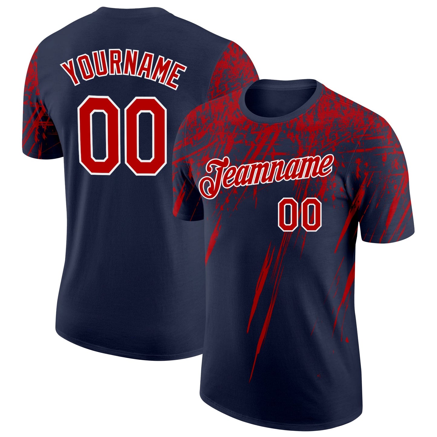 Custom Navy Red-White Distressed Scratch Brush Stroke Performance T-Shirt - Main View
