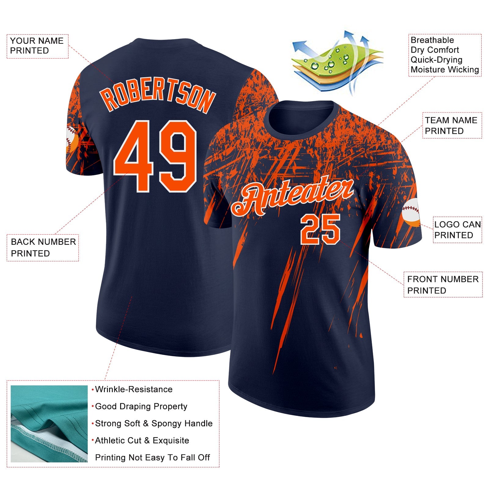 Custom Navy Orange-White Distressed Scratch Brush Stroke Performance T-Shirt view 2