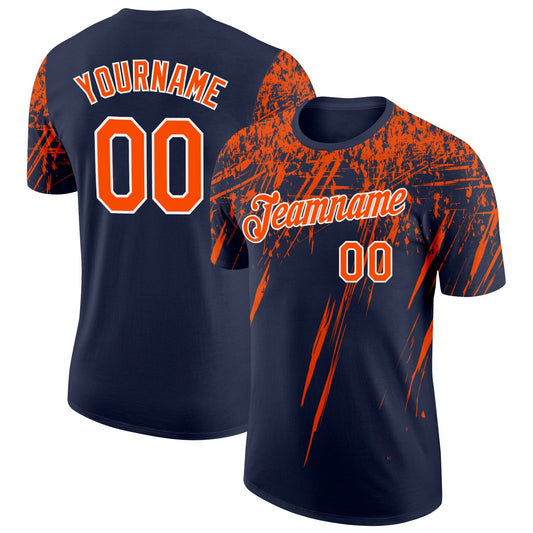 Custom Navy Orange-White Distressed Scratch Brush Stroke Performance T-Shirt - Main View