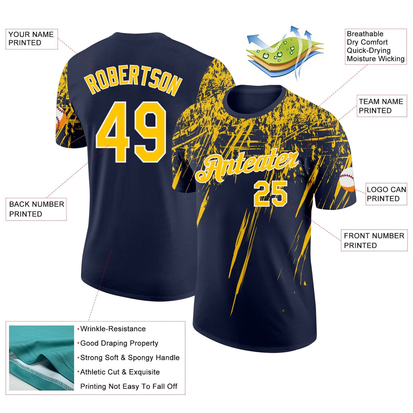 Custom Navy Yellow-White Distressed Scratch Brush Stroke Performance T-Shirt view 2