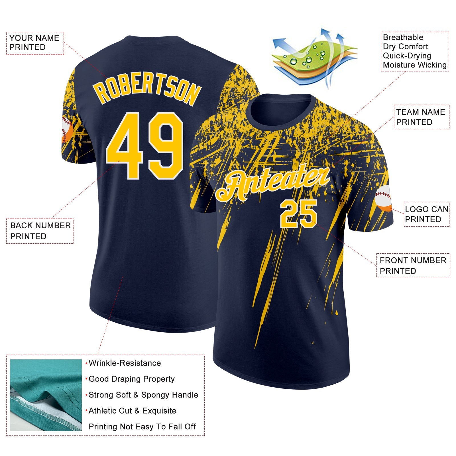 Custom Navy Yellow-White Distressed Scratch Brush Stroke Performance T-Shirt view 2