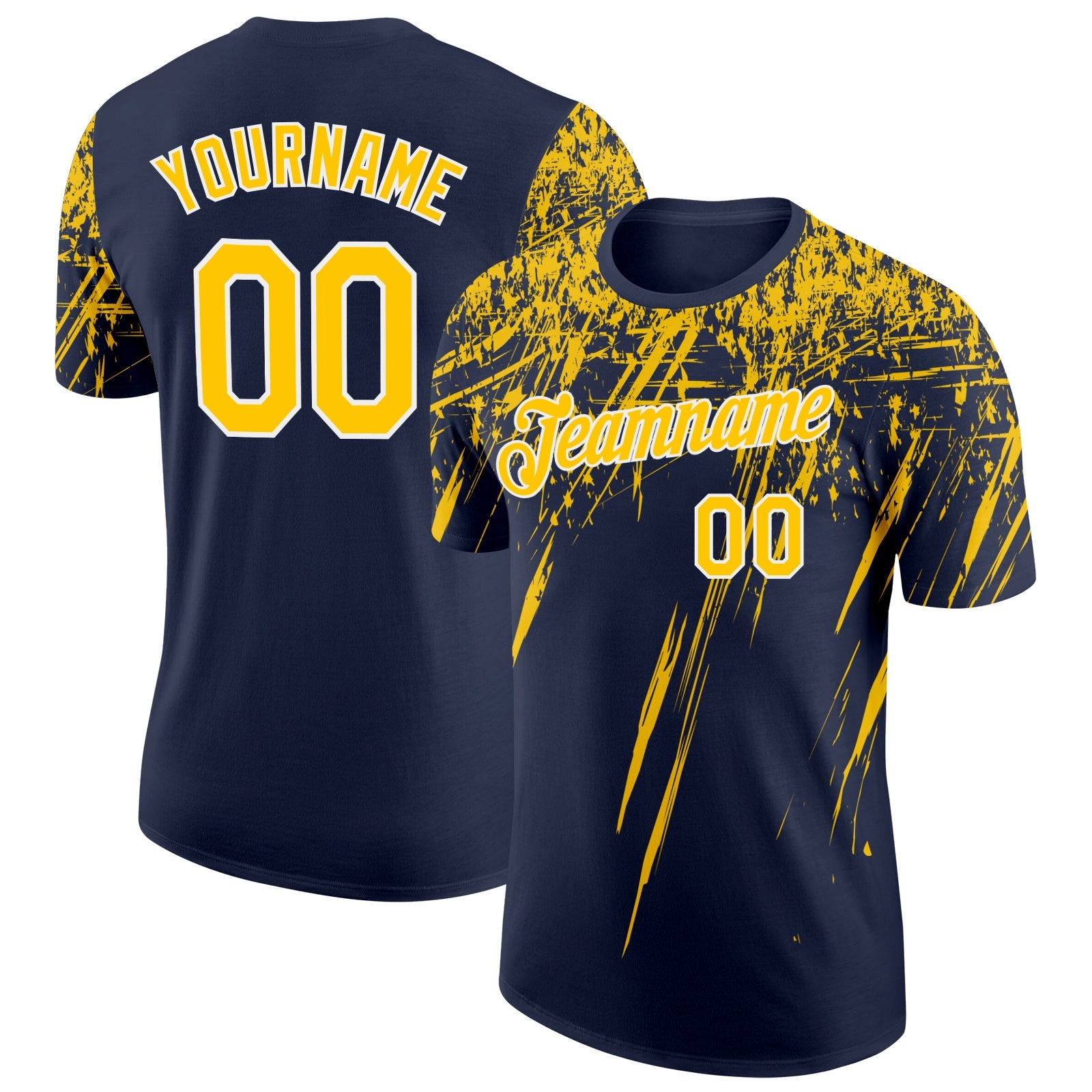 Custom Navy Yellow-White Distressed Scratch Brush Stroke Performance T-Shirt - Main View