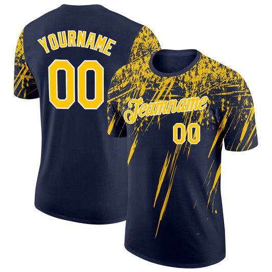 Custom Navy Yellow-White Distressed Scratch Brush Stroke Performance T-Shirt - Main View