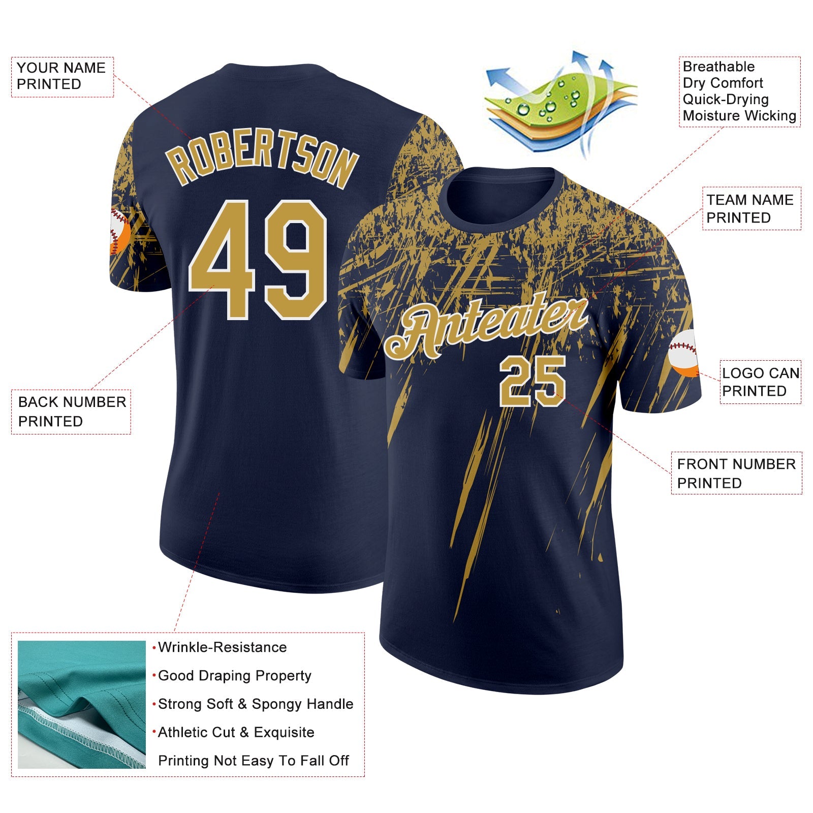 Custom Navy Old Gold-White Distressed Scratch Brush Stroke Performance T-Shirt view 2