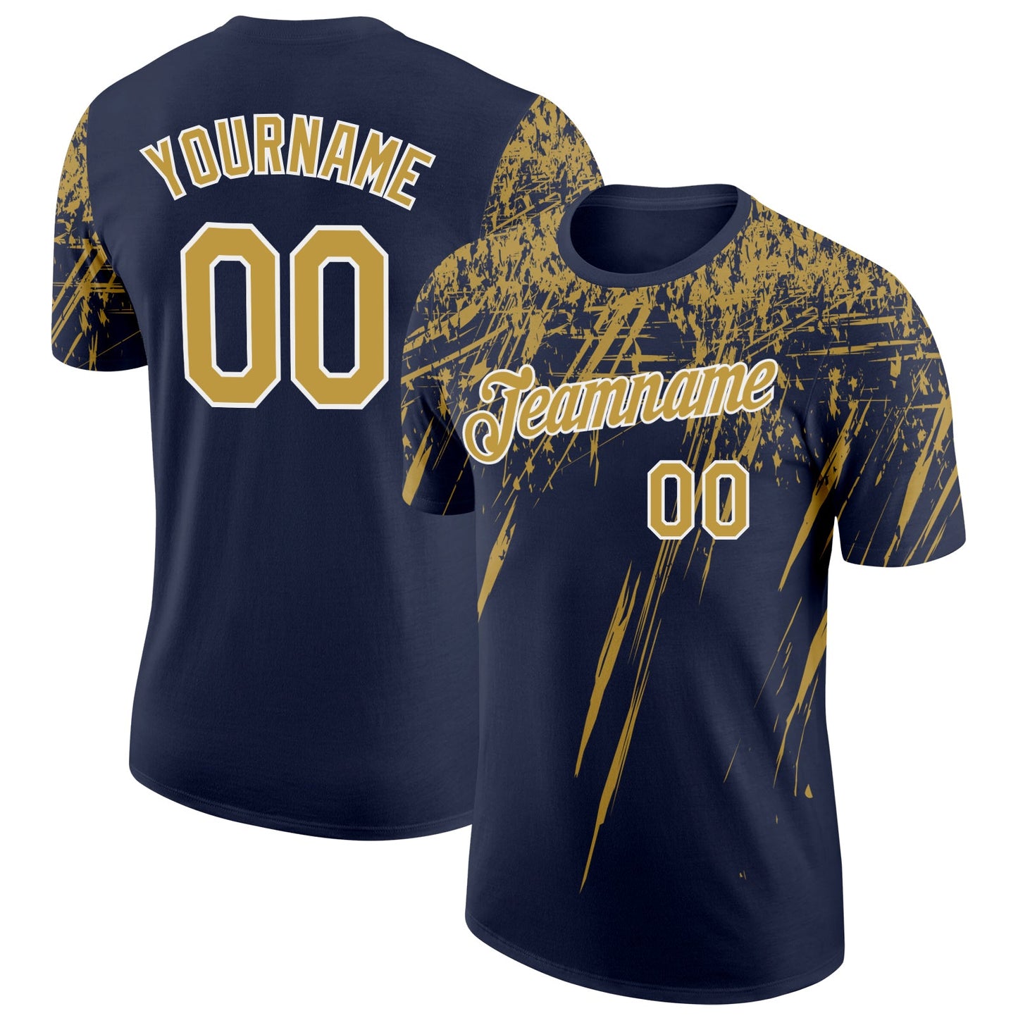 Custom Navy Old Gold-White Distressed Scratch Brush Stroke Performance T-Shirt - Main View