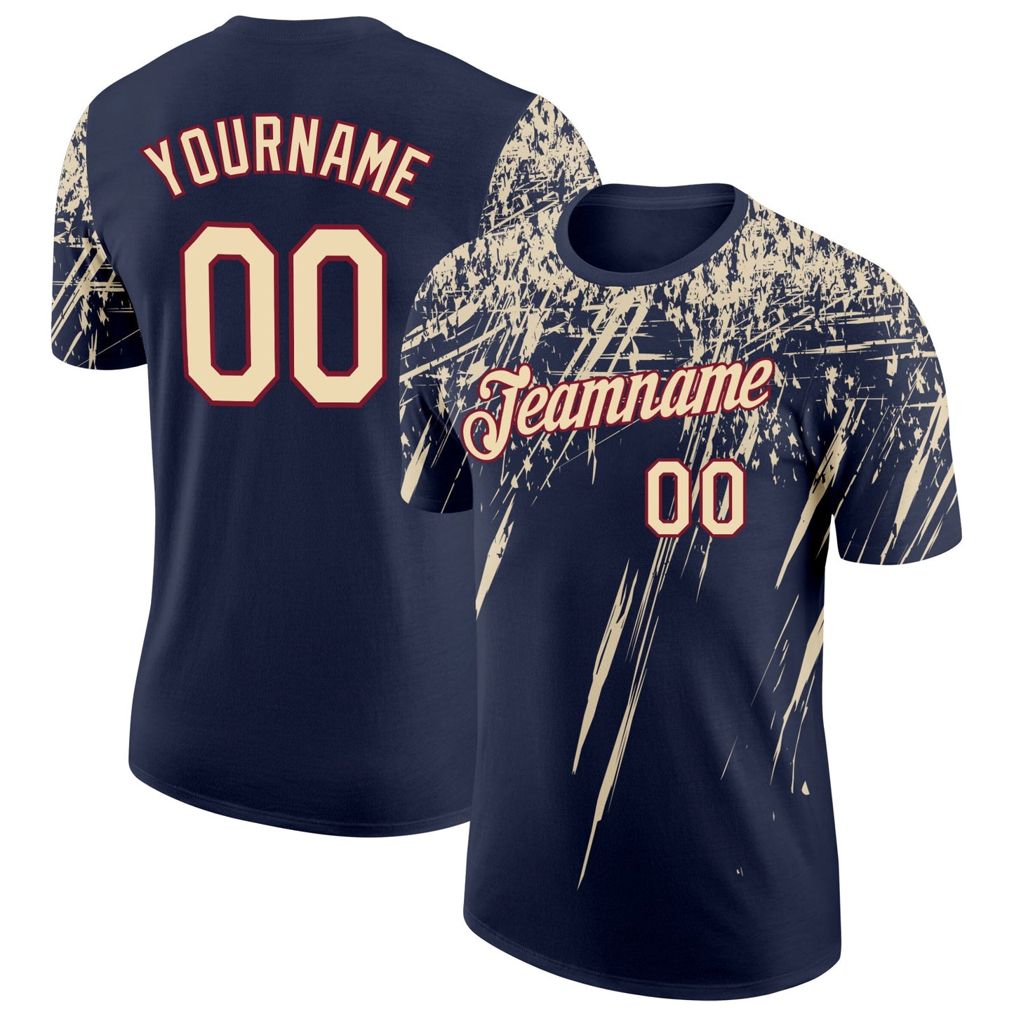 Custom Navy Cream-Crimson Distressed Scratch Brush Stroke Performance T-Shirt - Main View