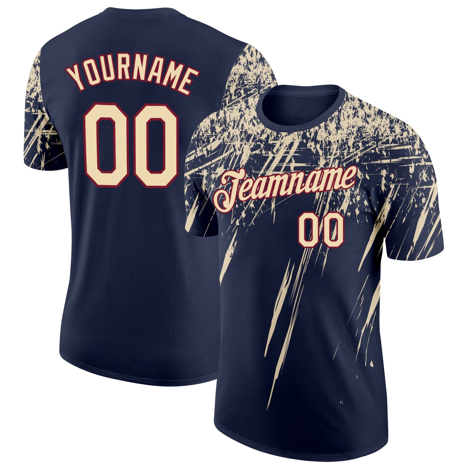 Custom Navy Cream-Crimson Distressed Scratch Brush Stroke Performance T-Shirt - Main View