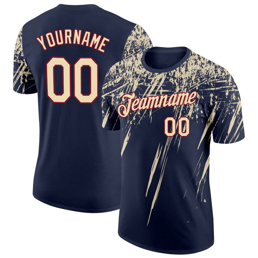 Custom Navy Cream-Crimson Distressed Scratch Brush Stroke Performance T-Shirt - Main View
