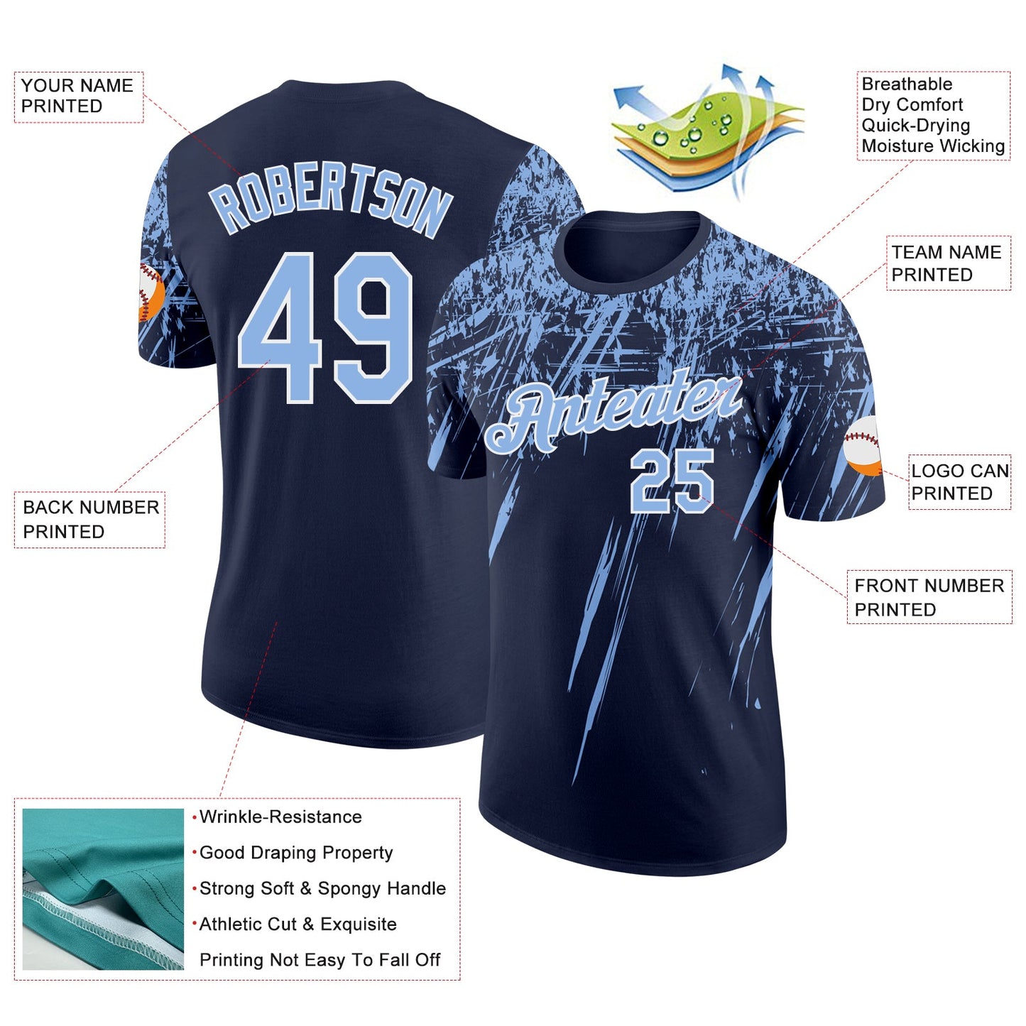 Custom Navy Light Blue-White Distressed Scratch Brush Stroke Performance T-Shirt view 2