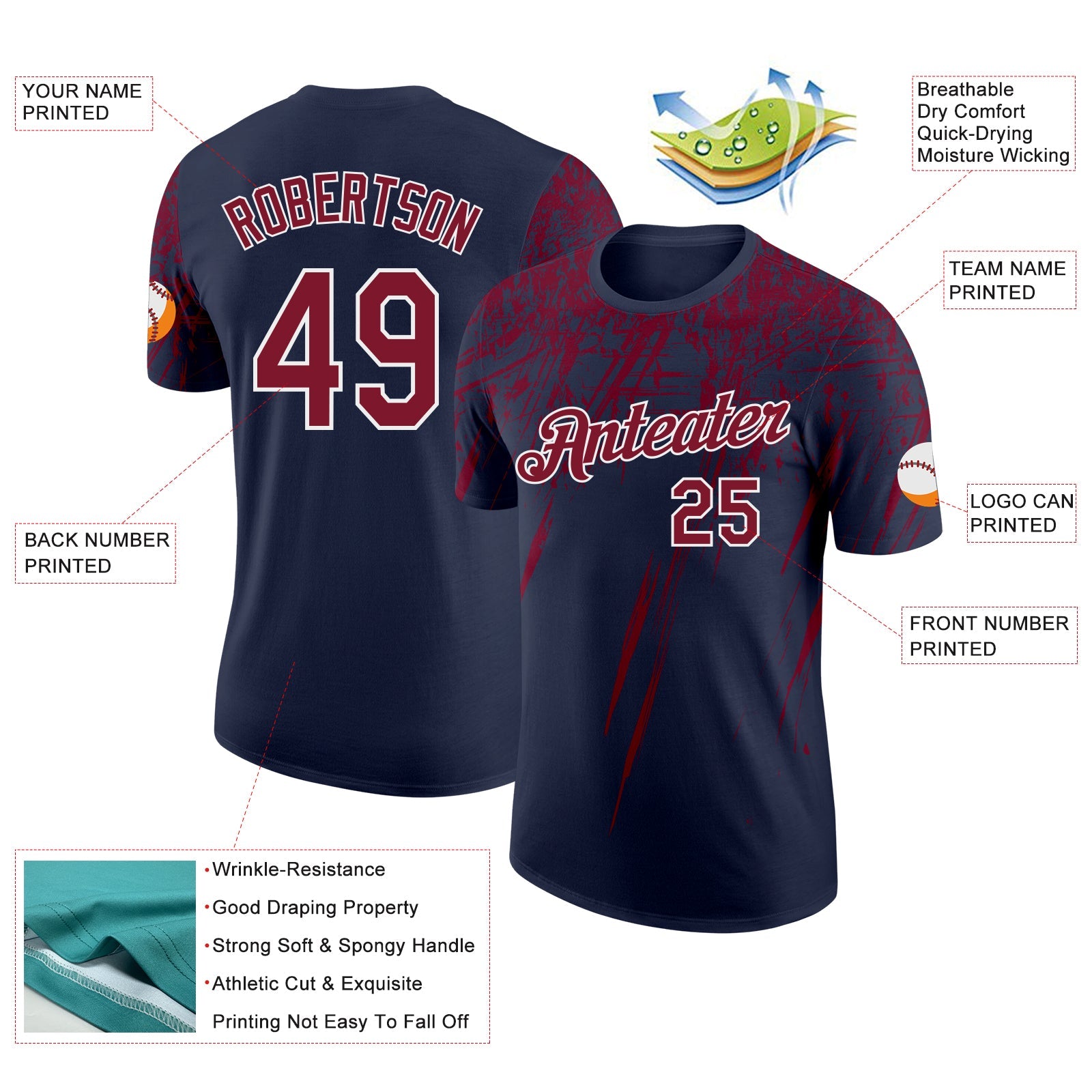 Custom Navy Crimson-White Distressed Scratch Brush Stroke Performance T-Shirt view 2
