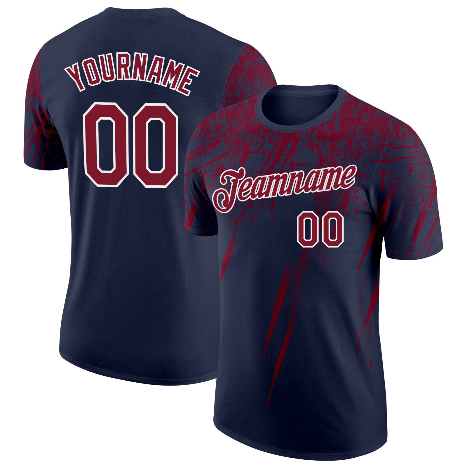 Custom Navy Crimson-White Distressed Scratch Brush Stroke Performance T-Shirt - Main View