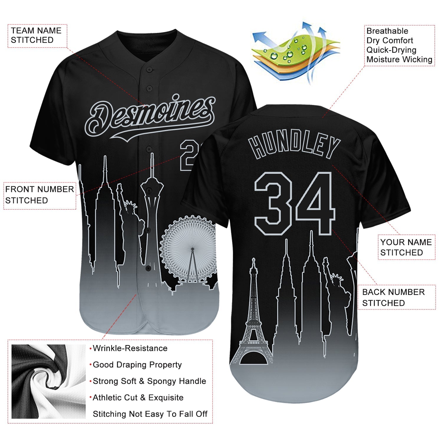 Custom Black Silver 3D Las Vegas City Edition Fade Fashion Authentic Baseball Jersey view 3