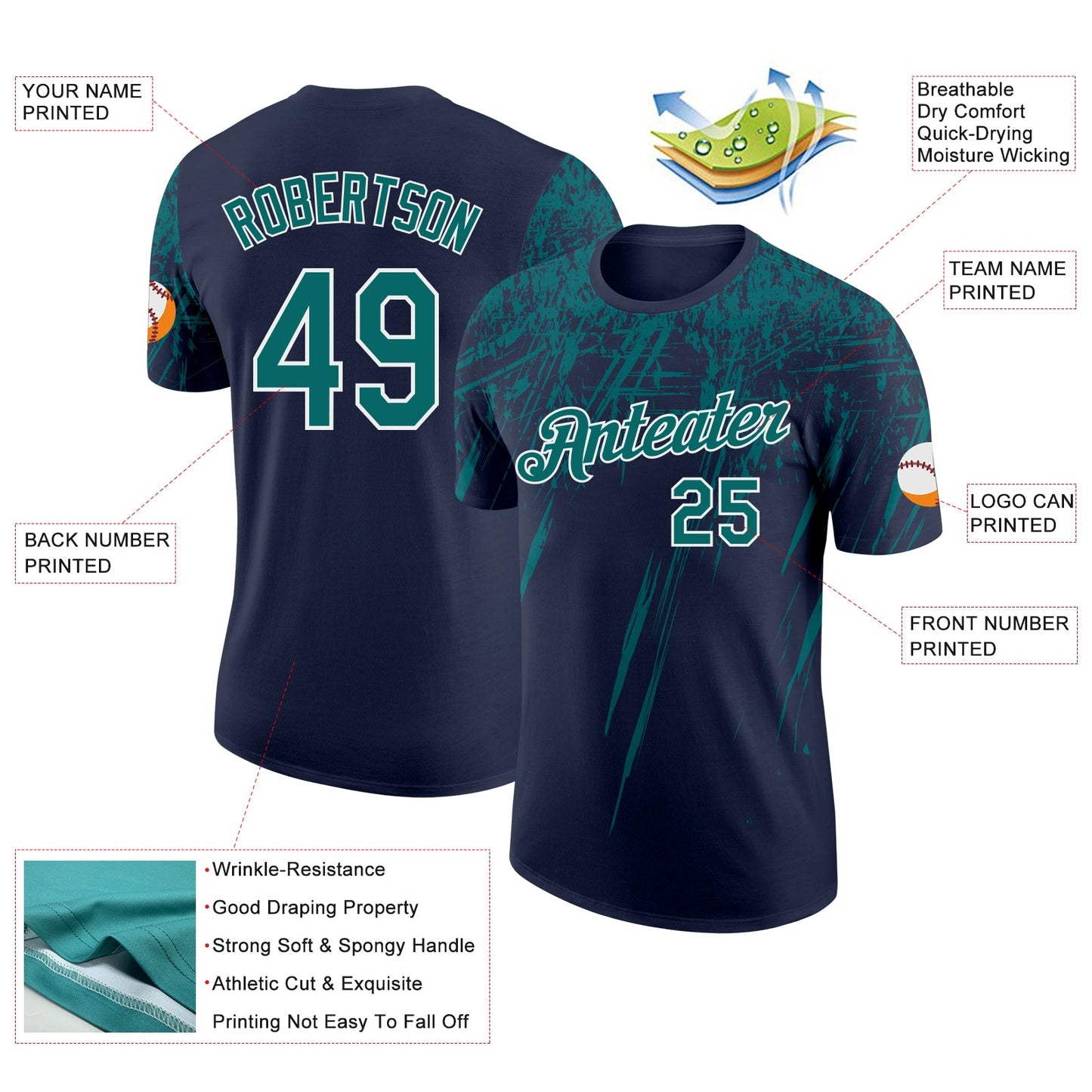 Custom Navy Teal-White Distressed Scratch Brush Stroke Performance T-Shirt view 2