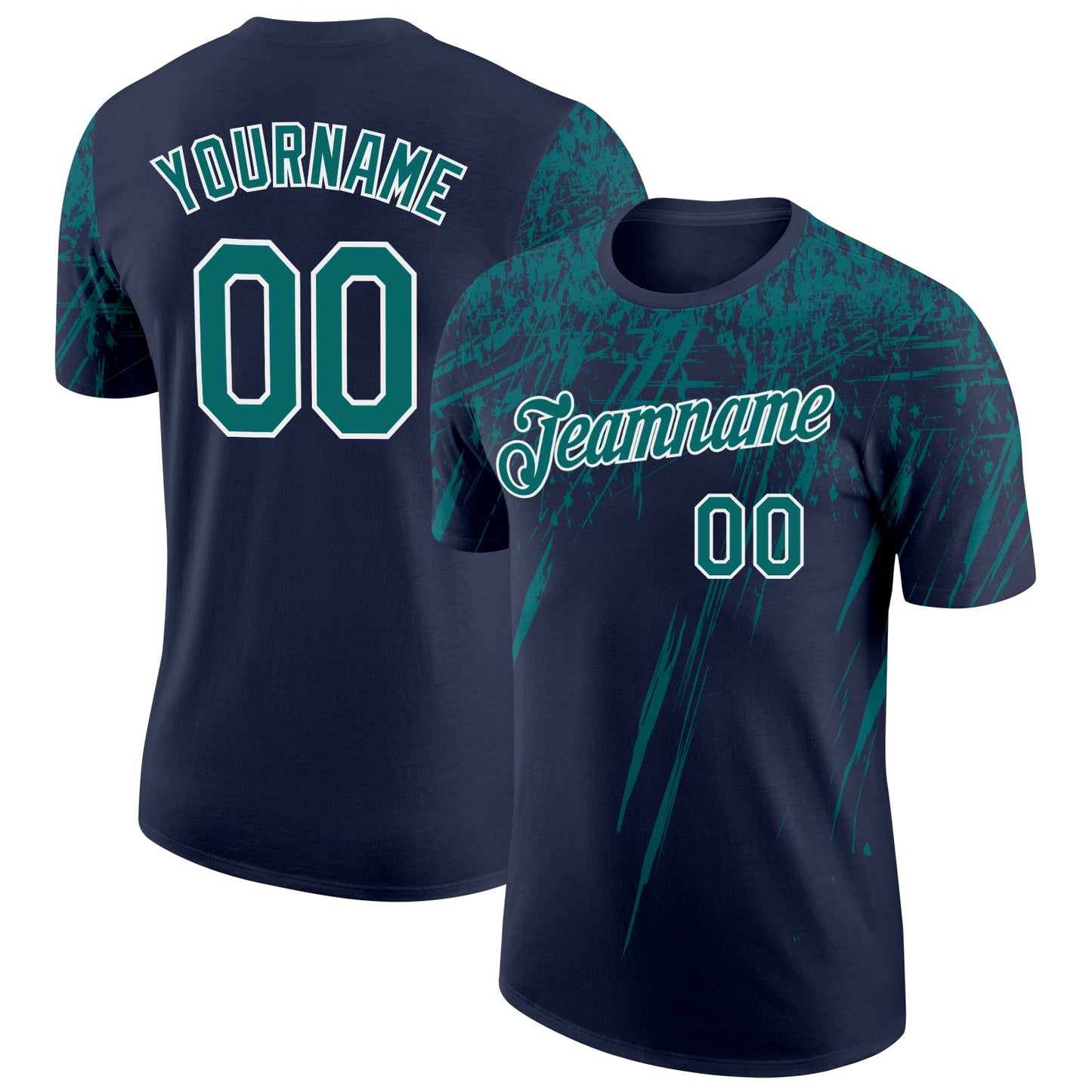 Custom Navy Teal-White Distressed Scratch Brush Stroke Performance T-Shirt - Main View