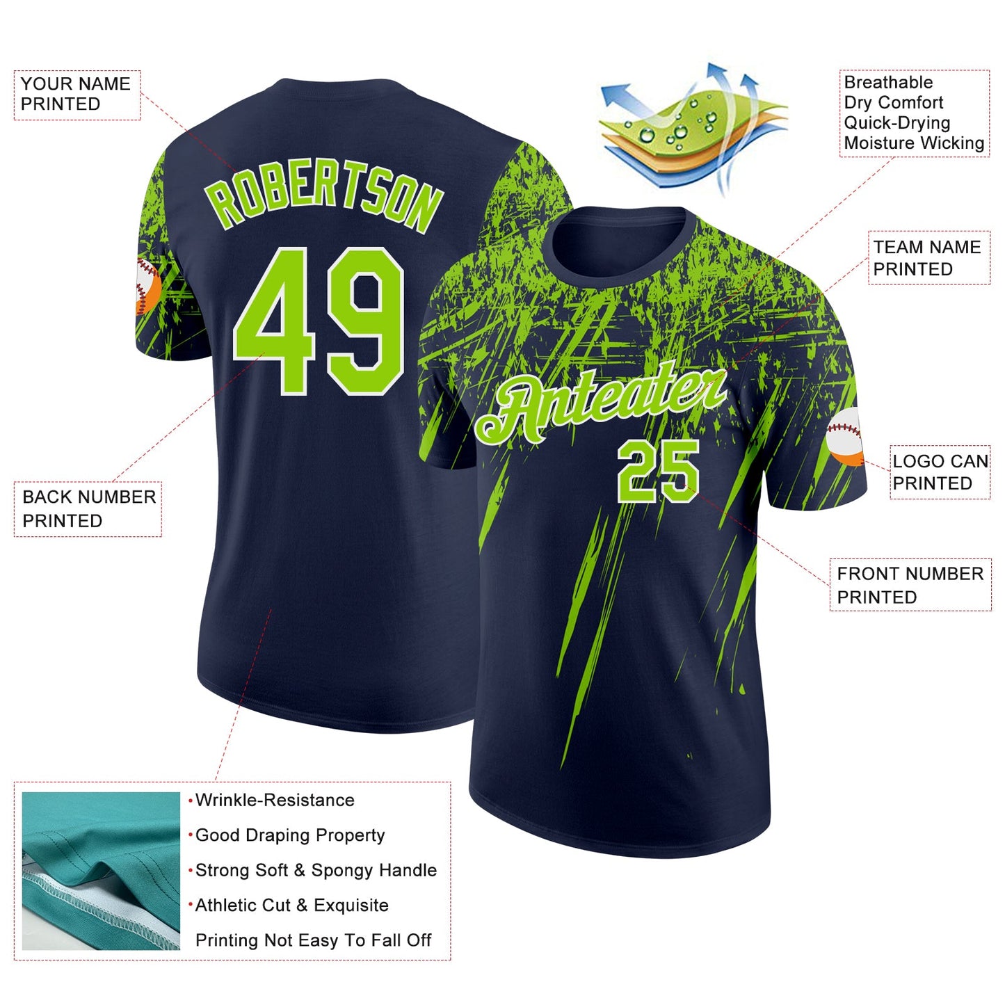 Custom Navy Neon Green-White Distressed Scratch Brush Stroke Performance T-Shirt view 2
