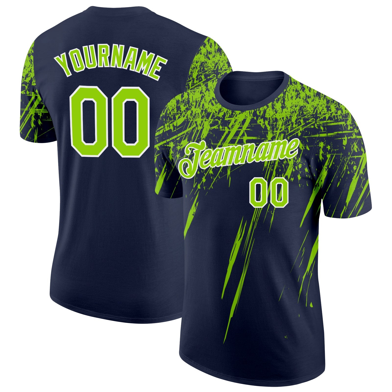 Custom Navy Neon Green-White Distressed Scratch Brush Stroke Performance T-Shirt - Main View
