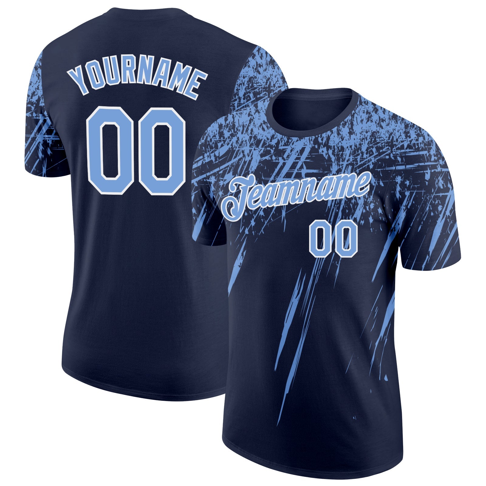 Custom Navy Powder Blue-White Distressed Scratch Brush Stroke Performance T-Shirt - Main View