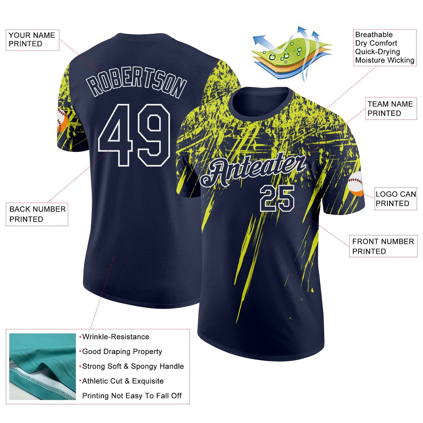 Custom Navy Neon Yellow-White Distressed Scratch Brush Stroke Performance T-Shirt view 2