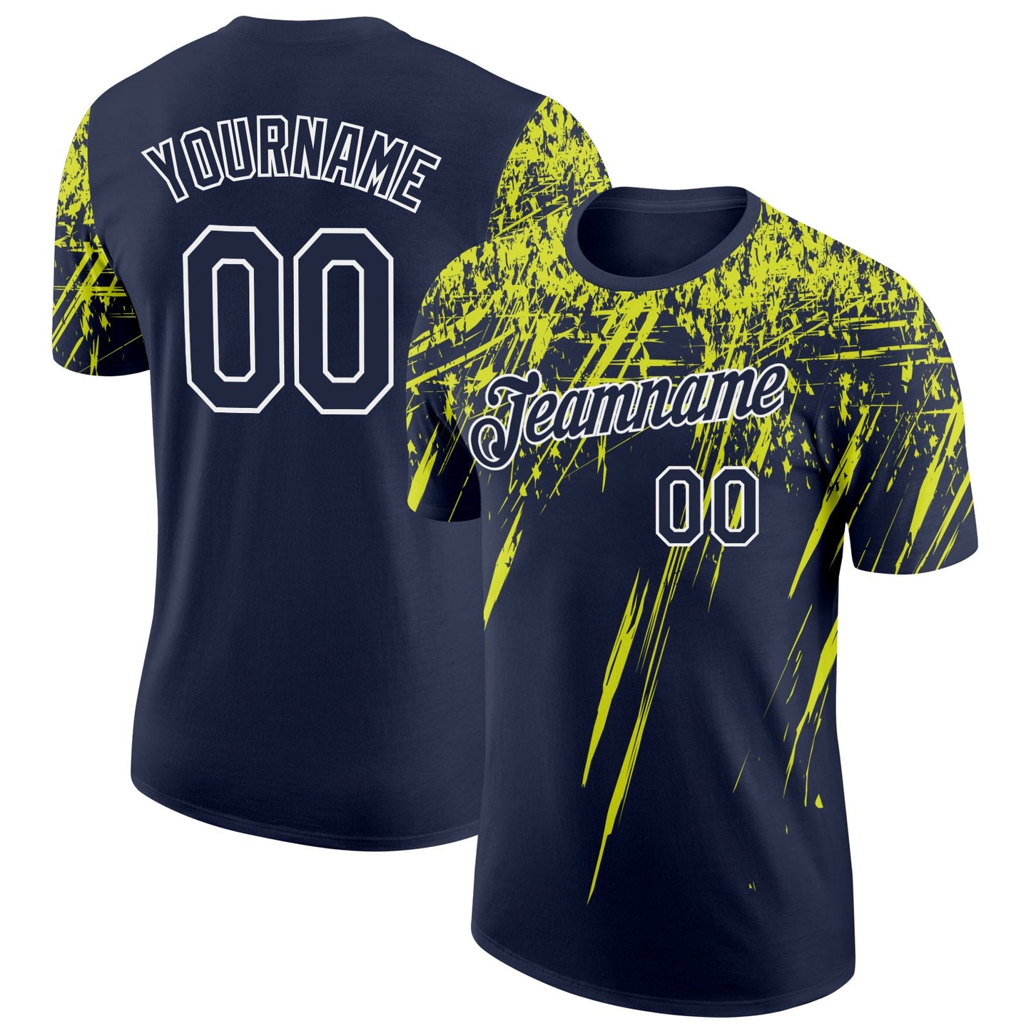 Custom Navy Neon Yellow-White Distressed Scratch Brush Stroke Performance T-Shirt - Main View