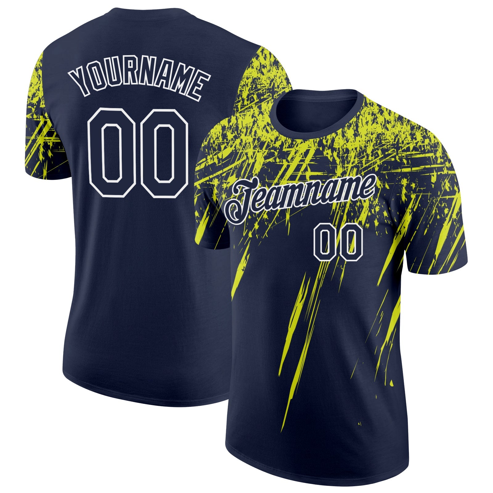 Custom Navy Neon Yellow-White Distressed Scratch Brush Stroke Performance T-Shirt - Main View