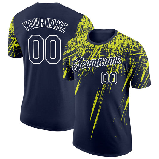Custom Navy Neon Yellow-White Distressed Scratch Brush Stroke Performance T-Shirt - Main View