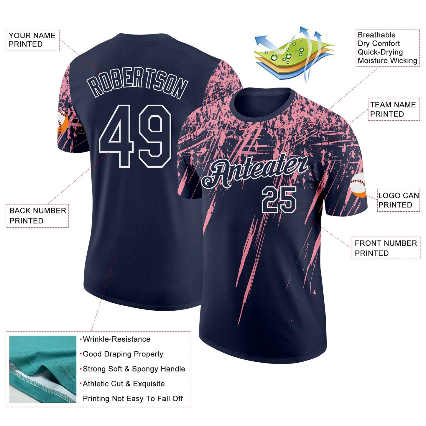 Custom Navy Medium Pink-White Distressed Scratch Brush Stroke Performance T-Shirt view 2