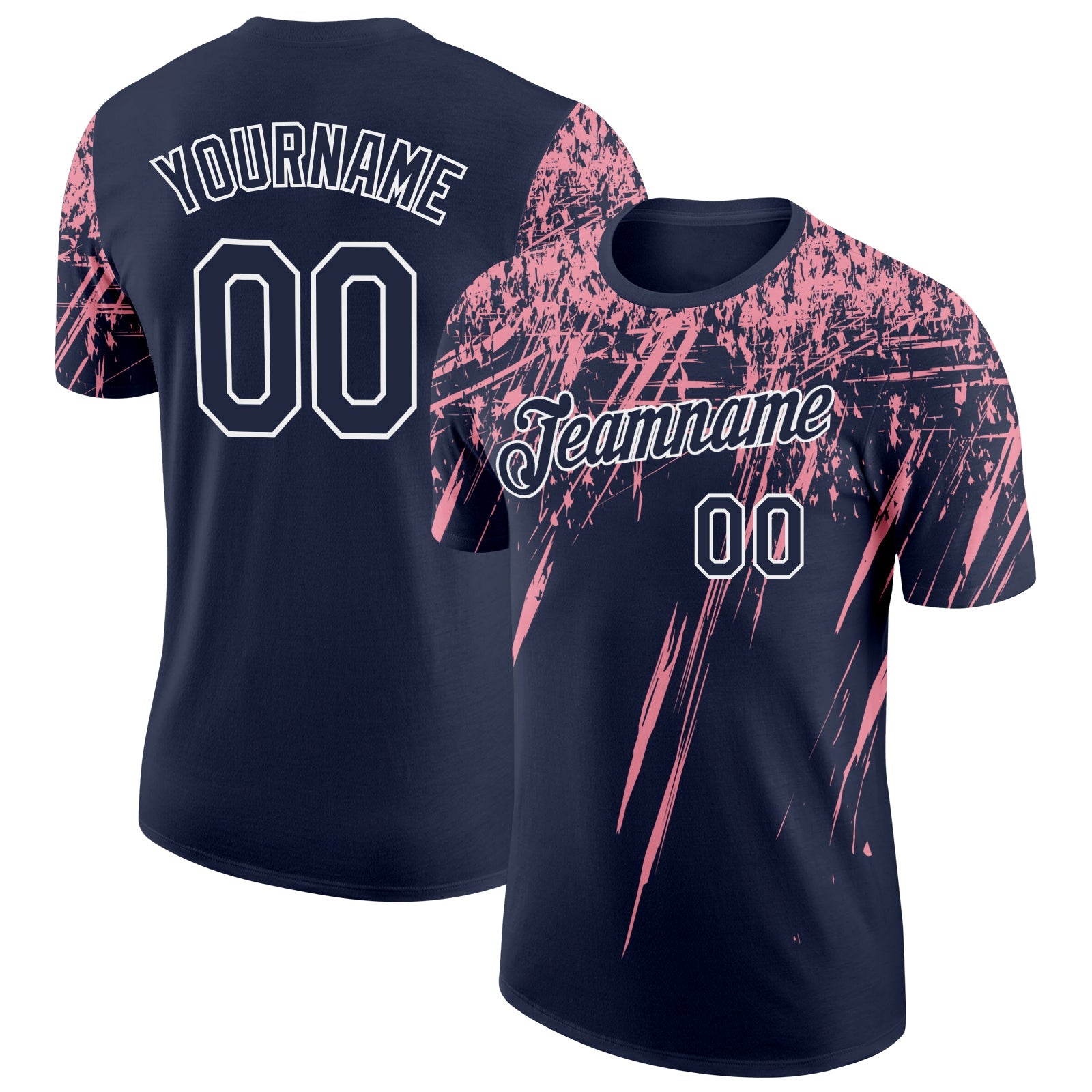 Custom Navy Medium Pink-White Distressed Scratch Brush Stroke Performance T-Shirt - Main View