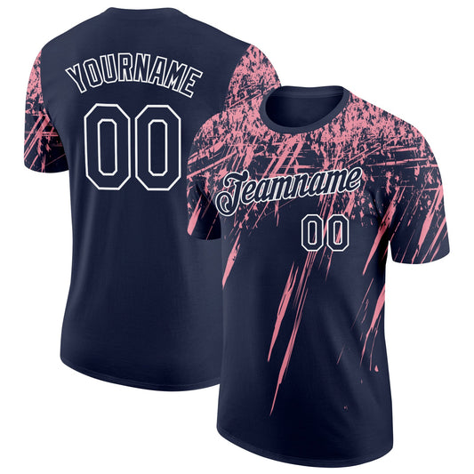 Custom Navy Medium Pink-White Distressed Scratch Brush Stroke Performance T-Shirt - Main View