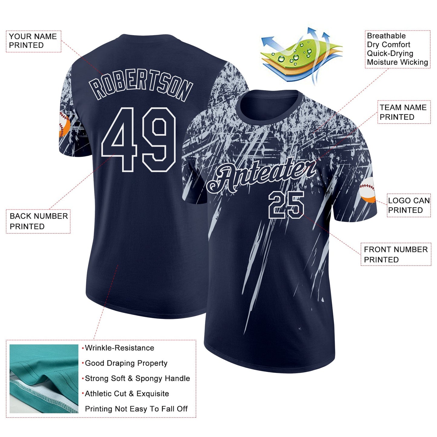 Custom Navy Silver-White Distressed Scratch Brush Stroke Performance T-Shirt view 2