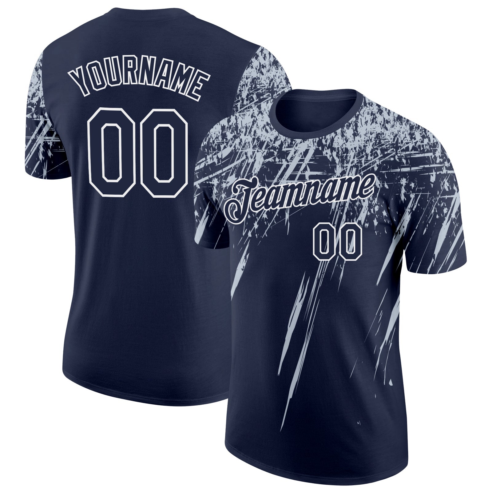 Custom Navy Silver-White Distressed Scratch Brush Stroke Performance T-Shirt - Main View