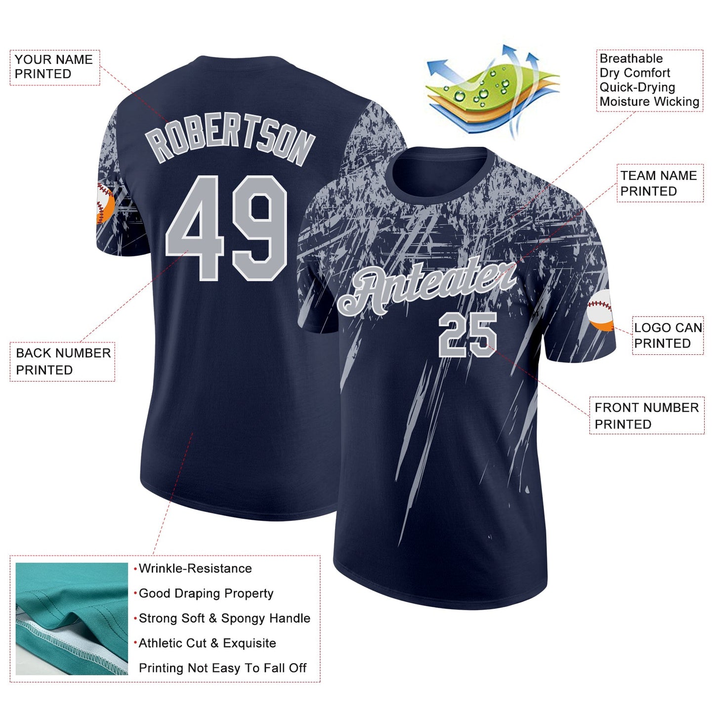 Custom Navy Gray-White Distressed Scratch Brush Stroke Performance T-Shirt view 2