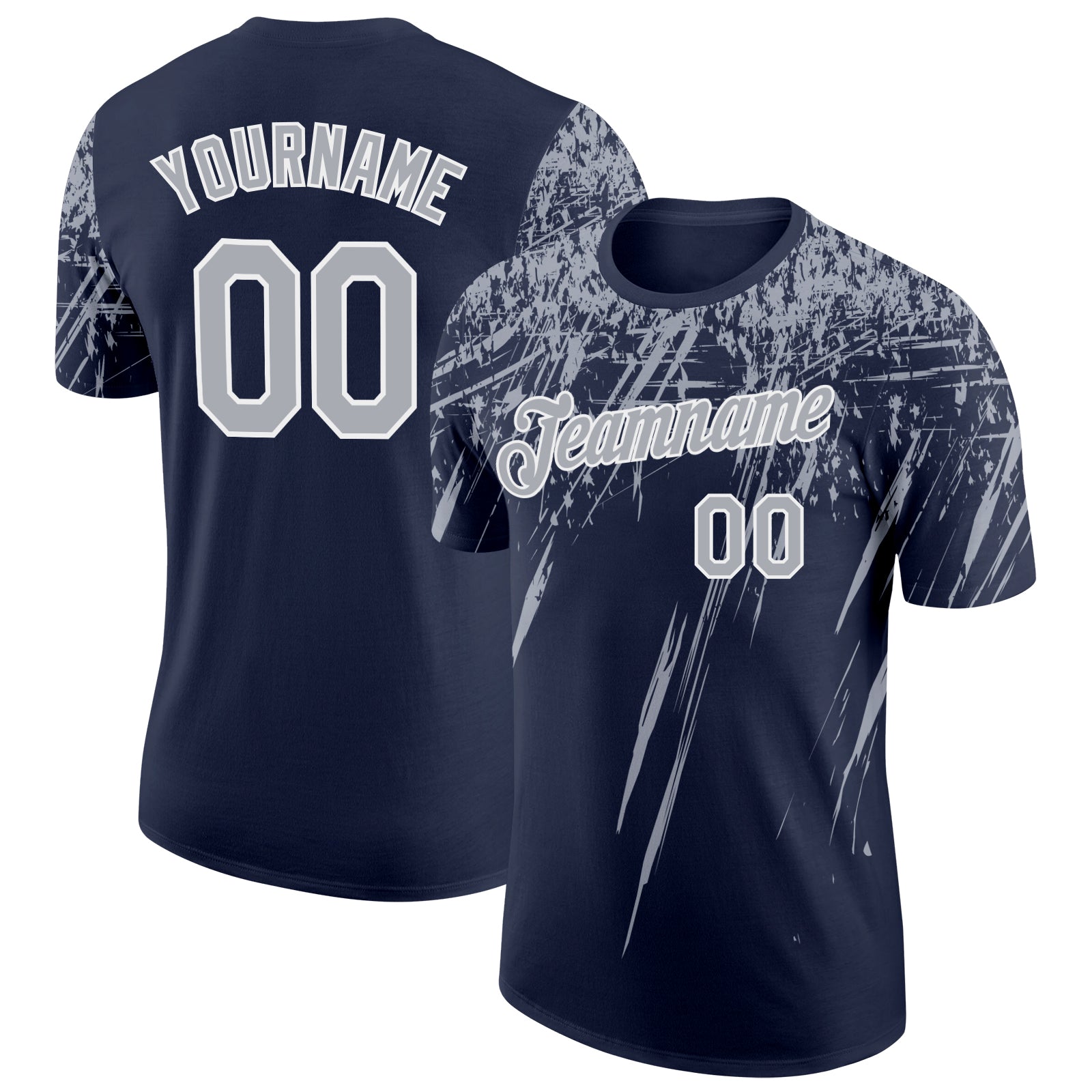 Custom Navy Gray-White Distressed Scratch Brush Stroke Performance T-Shirt - Main View