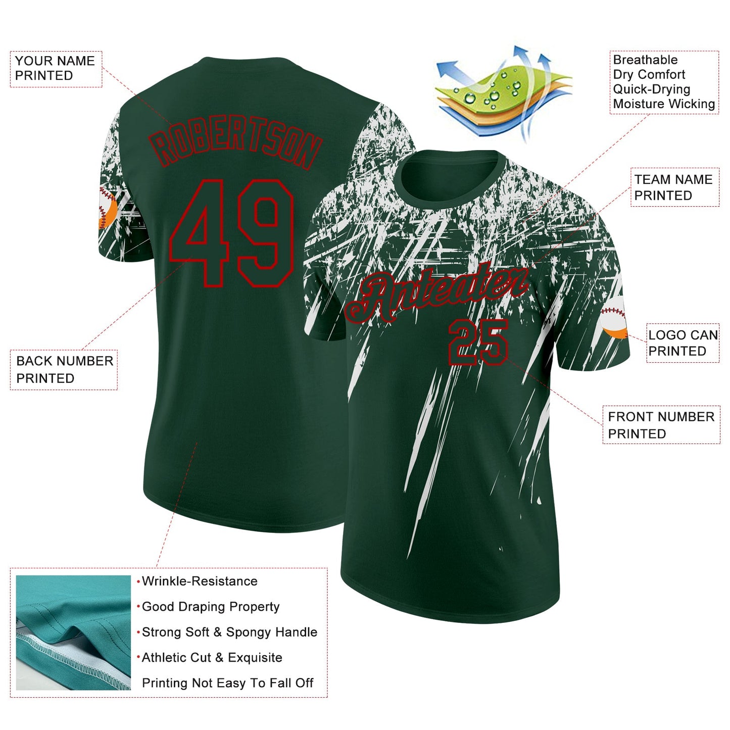 Custom Green White-Red Distressed Scratch Brush Stroke Performance T-Shirt view 2