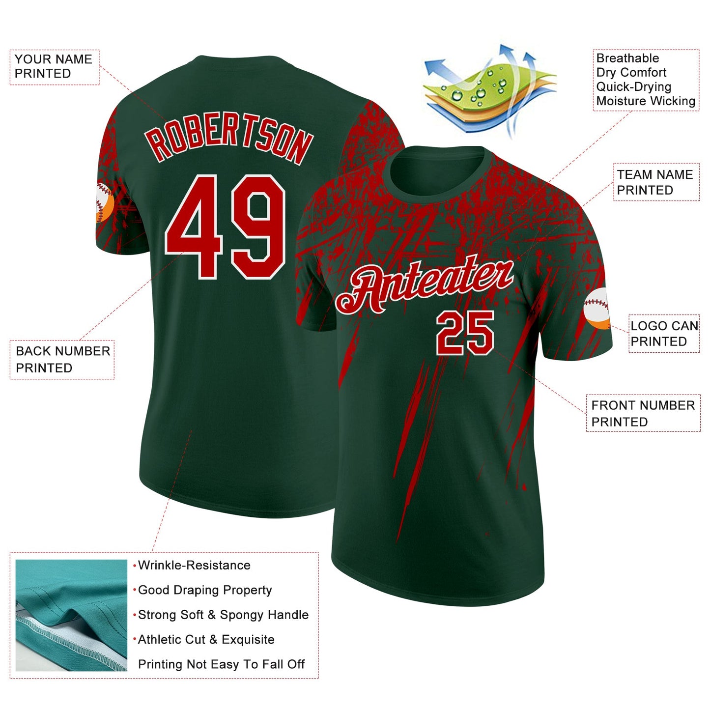 Custom Green Red-White Distressed Scratch Brush Stroke Performance T-Shirt view 2