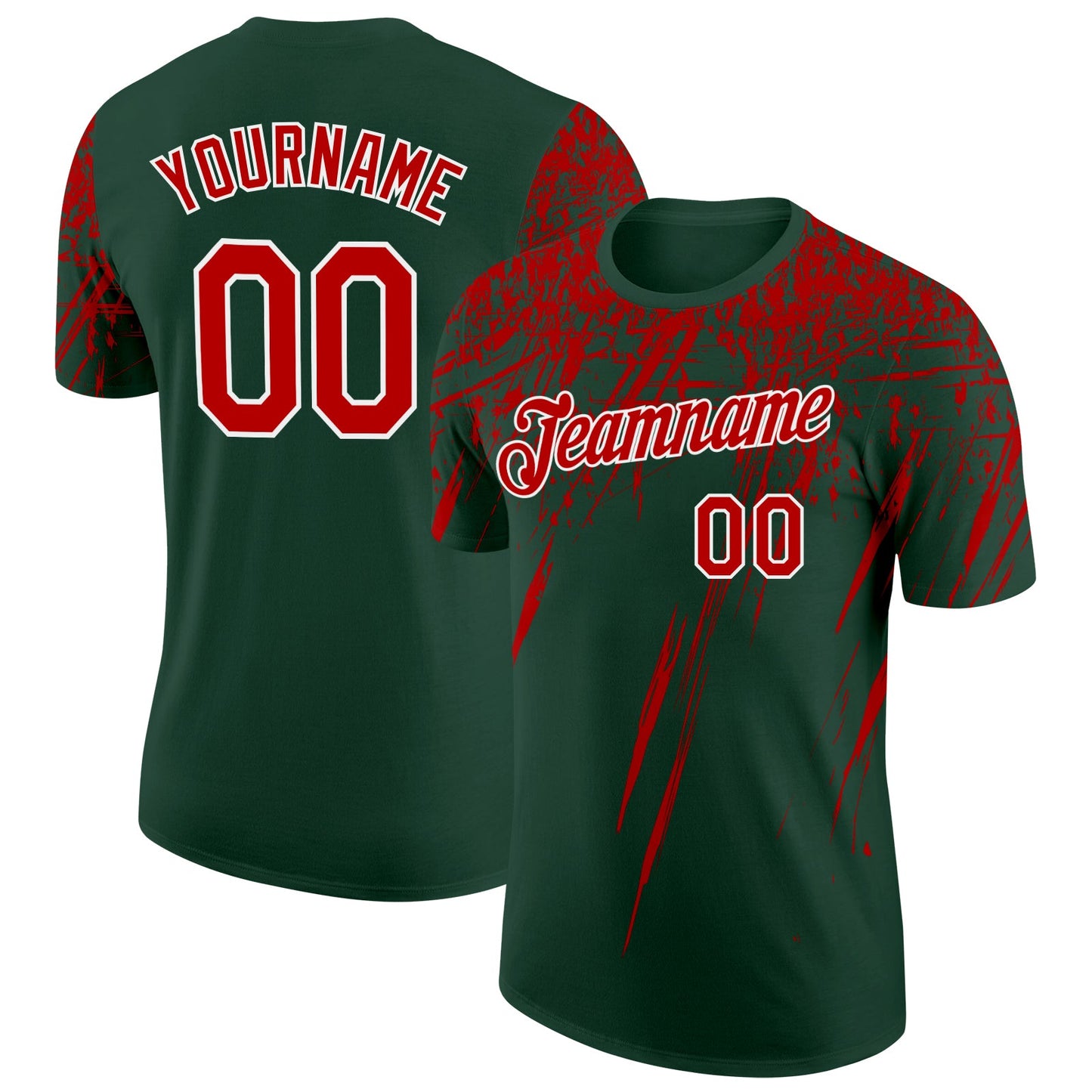 Custom Green Red-White Distressed Scratch Brush Stroke Performance T-Shirt - Main View