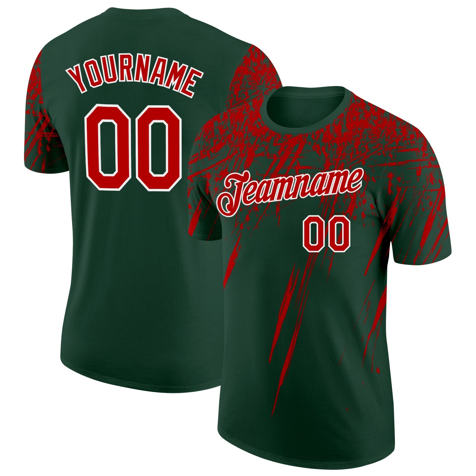 Custom Green Red-White Distressed Scratch Brush Stroke Performance T-Shirt - Main View