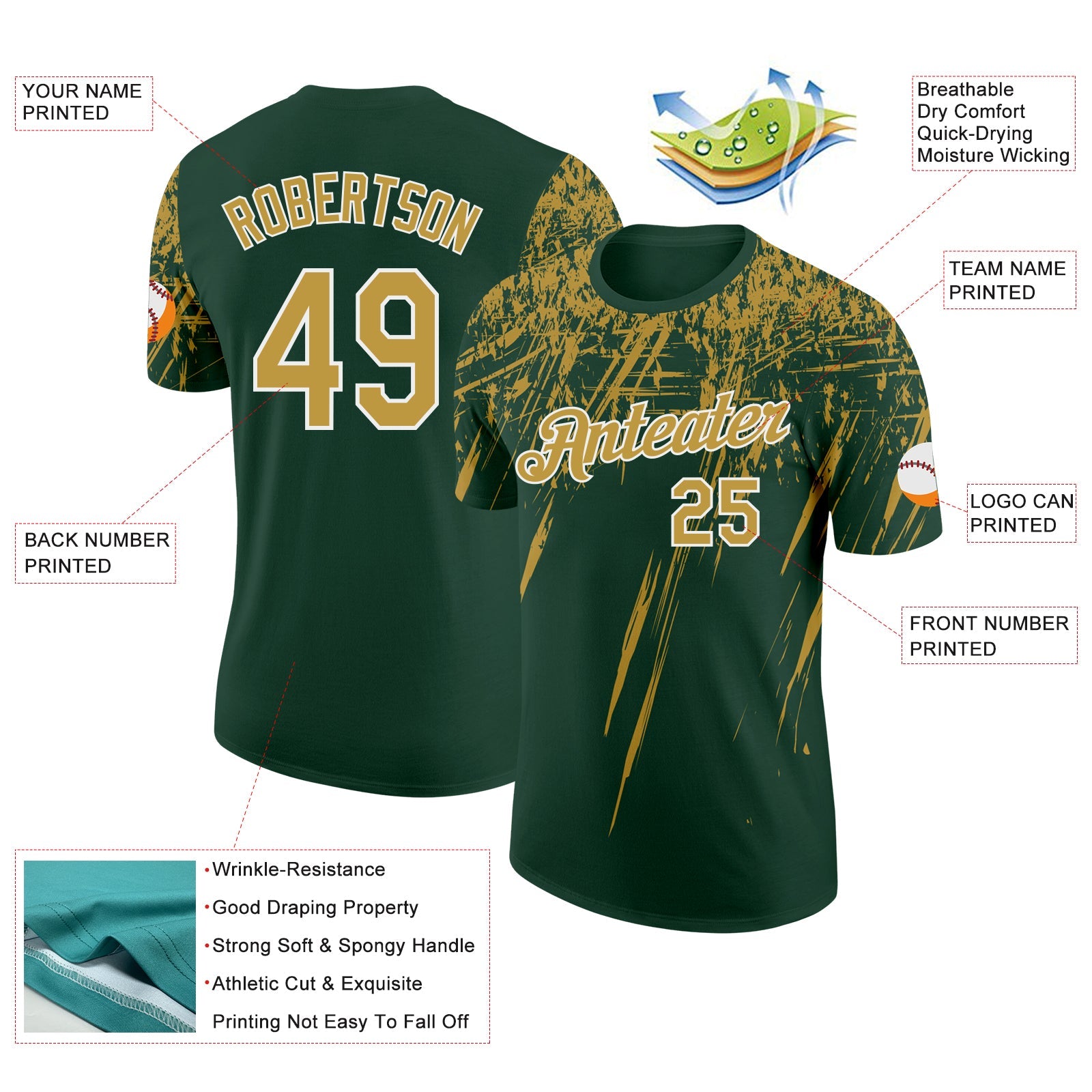 Custom Green Old Gold-White Distressed Scratch Brush Stroke Performance T-Shirt view 2