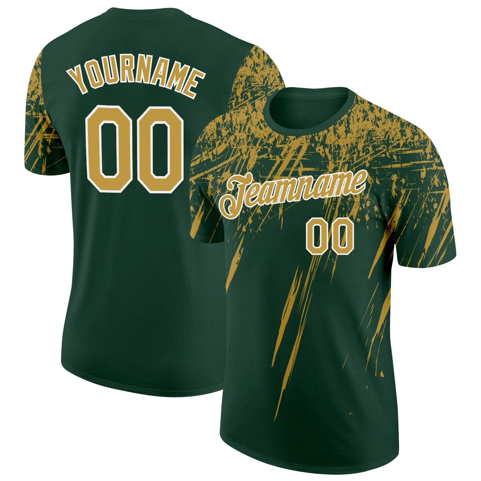 Custom Green Old Gold-White Distressed Scratch Brush Stroke Performance T-Shirt - Main View
