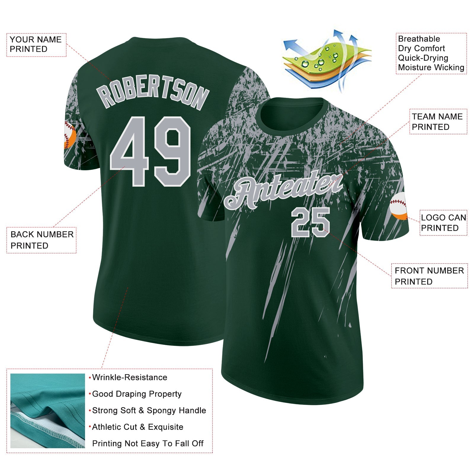 Custom Green Gray-White Distressed Scratch Brush Stroke Performance T-Shirt view 2